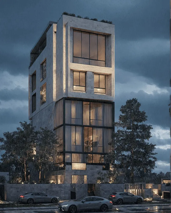 House 007, Mumbai: render of a narrow stone and glass tower lit at dusk.