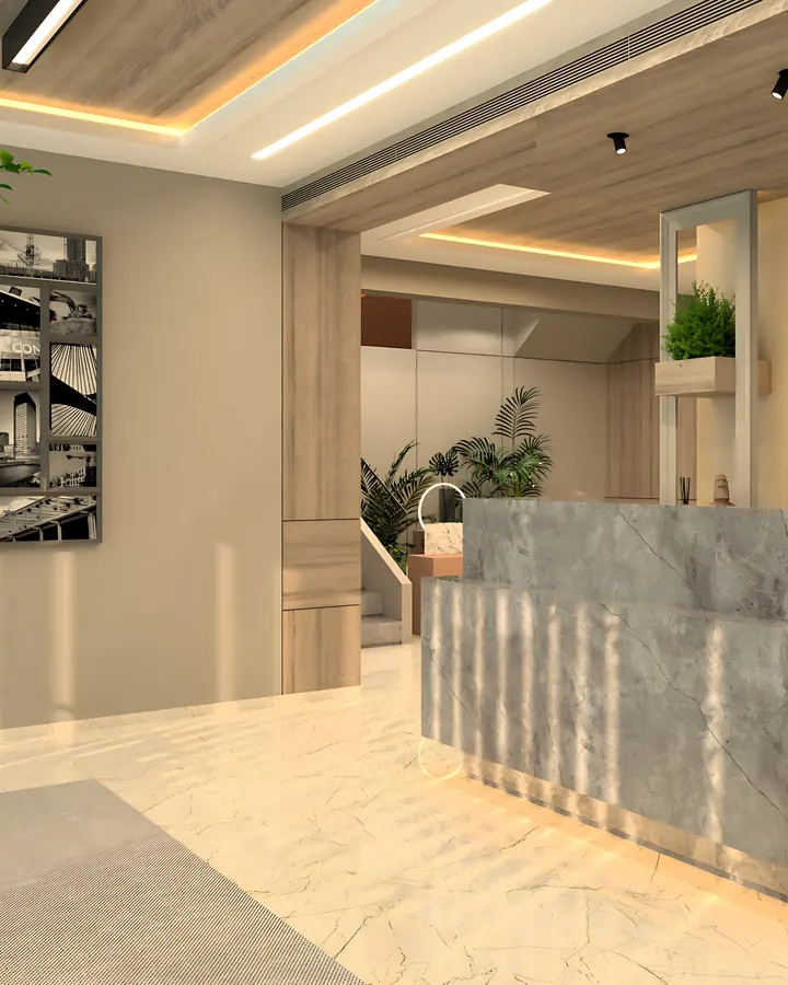Manisha Constructions office: render of a reception with a stone desk, timber walls and planters.