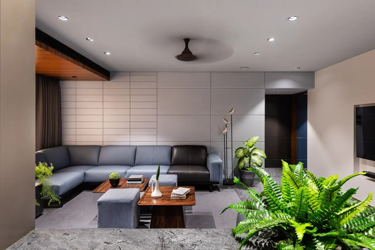 The Cladded House: living room with a grey sectional sofa and large ferns.