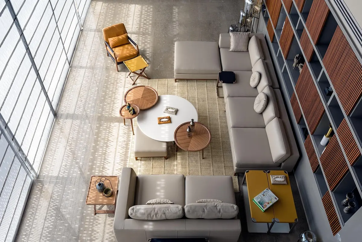 Cutting Edge House: the living room from above.