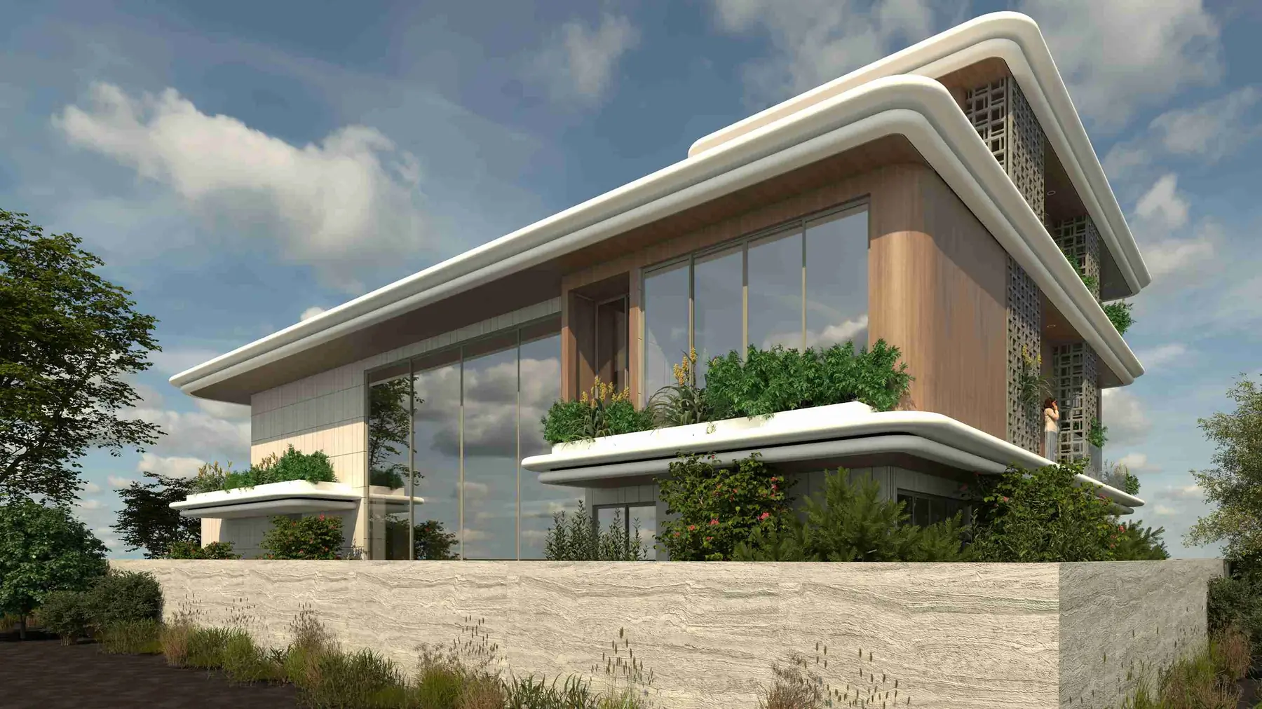 Villa B39, Pune: render of a house with rounded white roof edges, timber cladding, planted terraces and a travertine boundary wall.