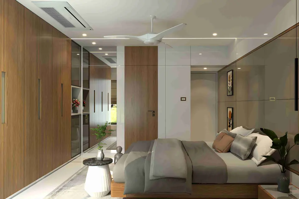 MR Residence, Pune: render of a bedroom with full-height timber wardrobes and a grey upholstered bed.