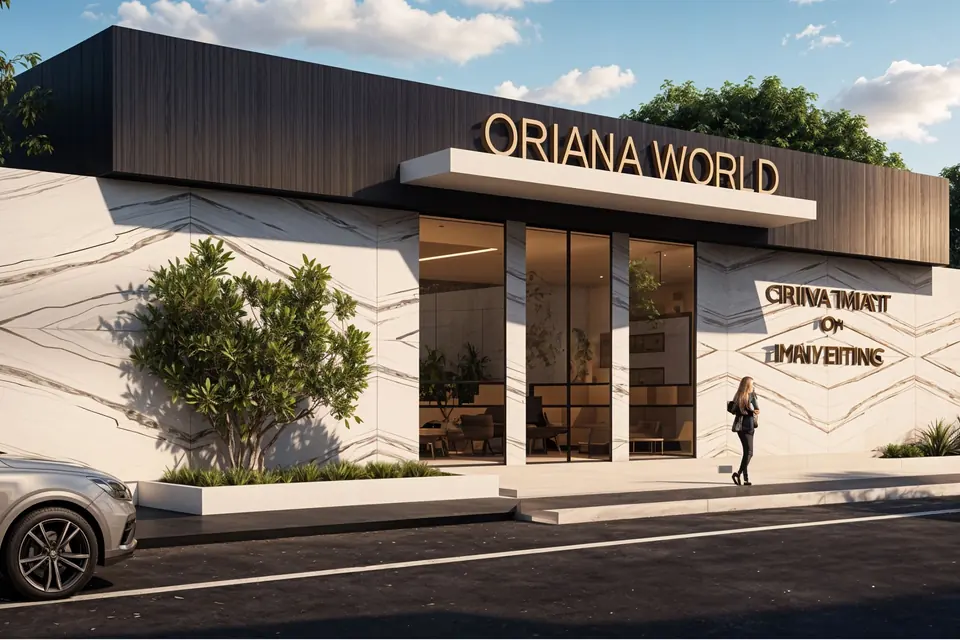 Oriana World, Pune: render of a single-storey building with a white wave-patterned wall and a dark timber fascia.