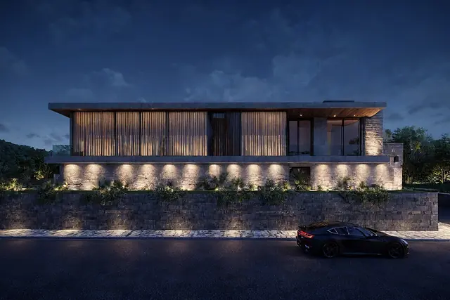 RD House, Pune: render of a long, low house with a stone base and a lit timber upper floor at dusk.