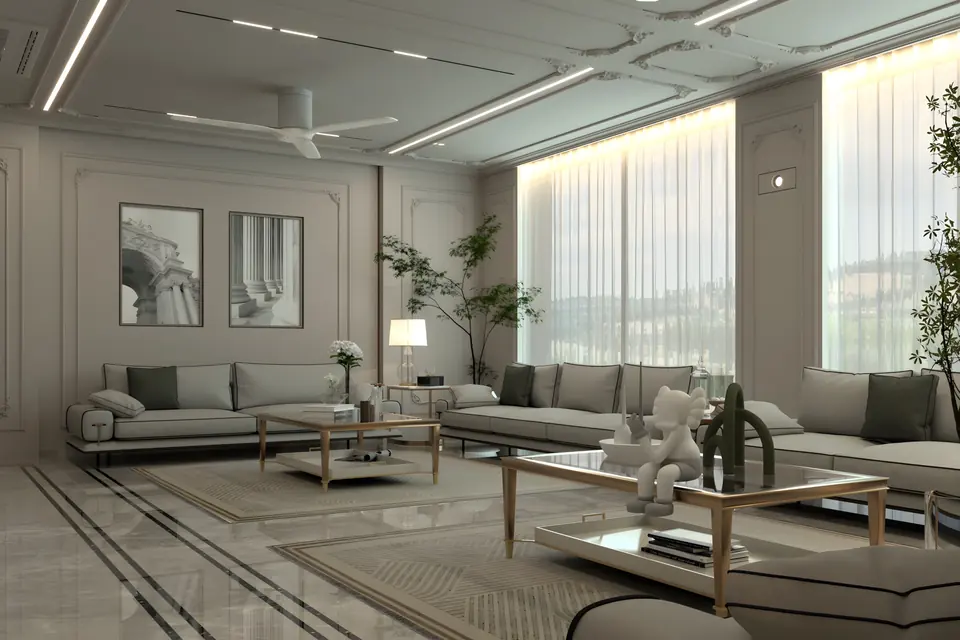 SR Residence, Mumbai: render of a pale living room with low sofas and full-height sheer curtains.