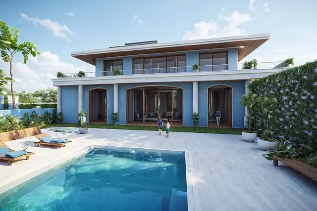 Villa 81, Pune: render of a two-storey villa with deep roof overhangs beside a pool.